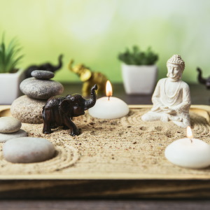 Stress less with soothing décor like a Zen garden in your home office.
