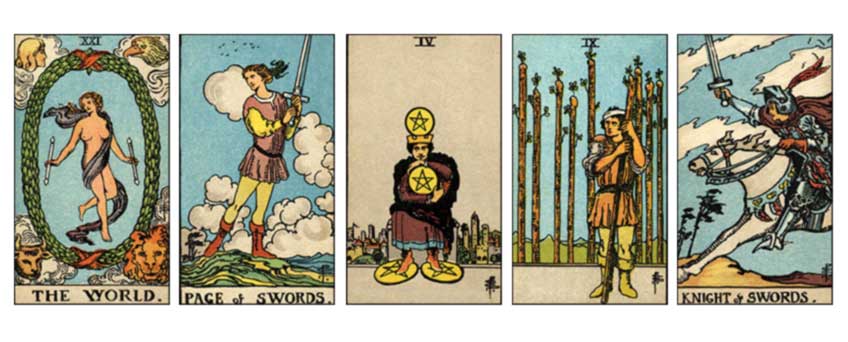 Results of Yes No 5 Card Tarot Reading: The World, Page of Swords, Four of Pentacles, Nine of Wands, Knight of Swords